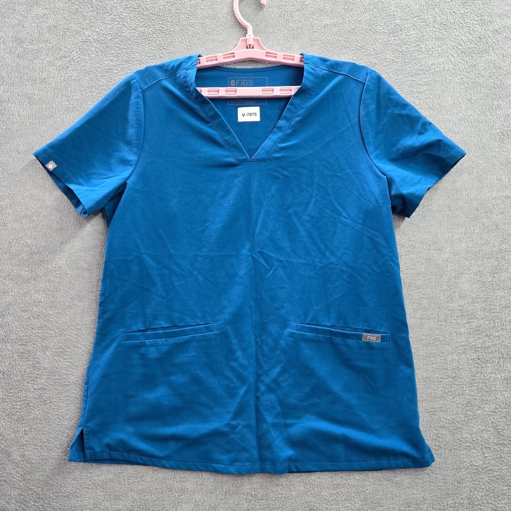 Figs Women Scrub Top M Blue Casma Three Pockets Short Sleeve Polyester Rayon